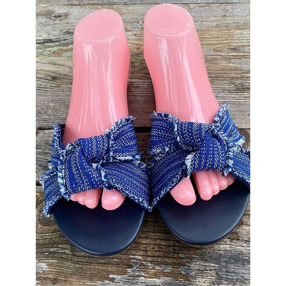 ROTHY'S The Knot Indigo Blue Denim Frayed Slip on Sandals Wm’s Sz 9.5 - Picture 2 of 7
